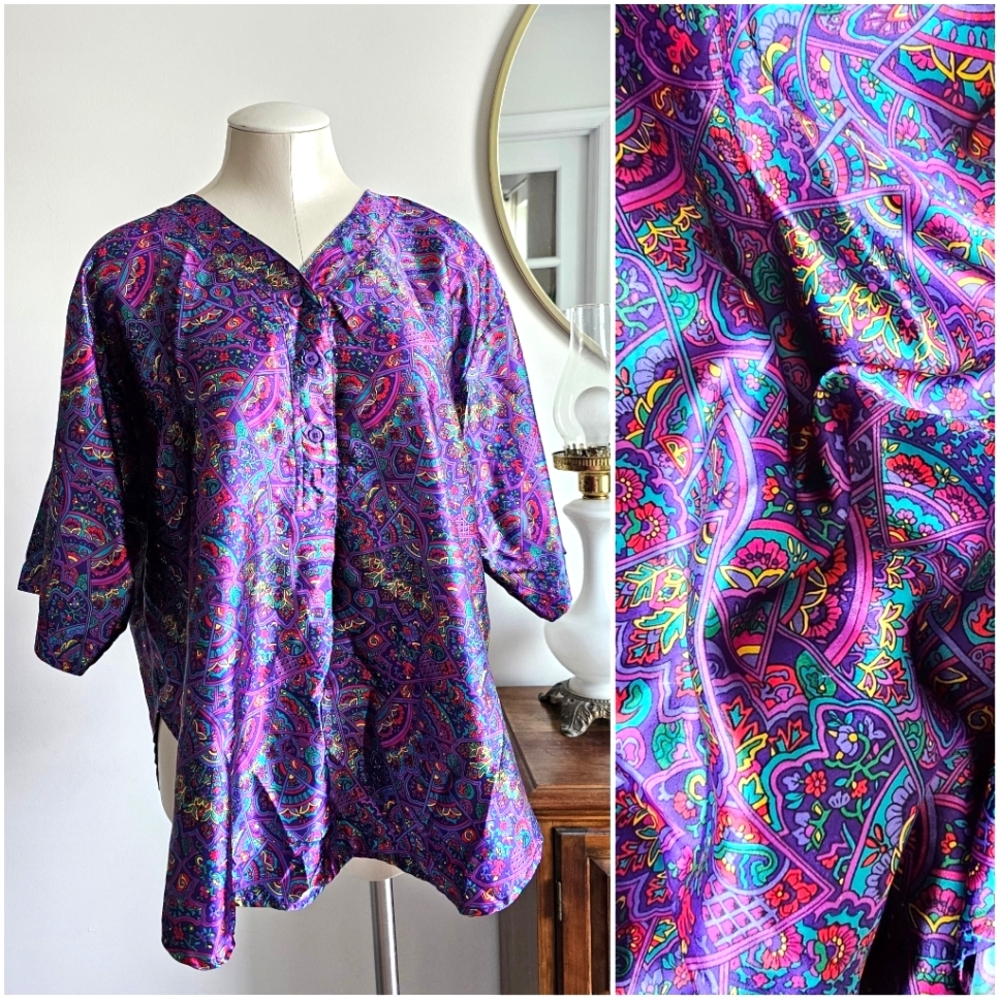 Vintage Violets & Roses 90's Silky Sleep Paisley Shirt Psychedelic Pattern